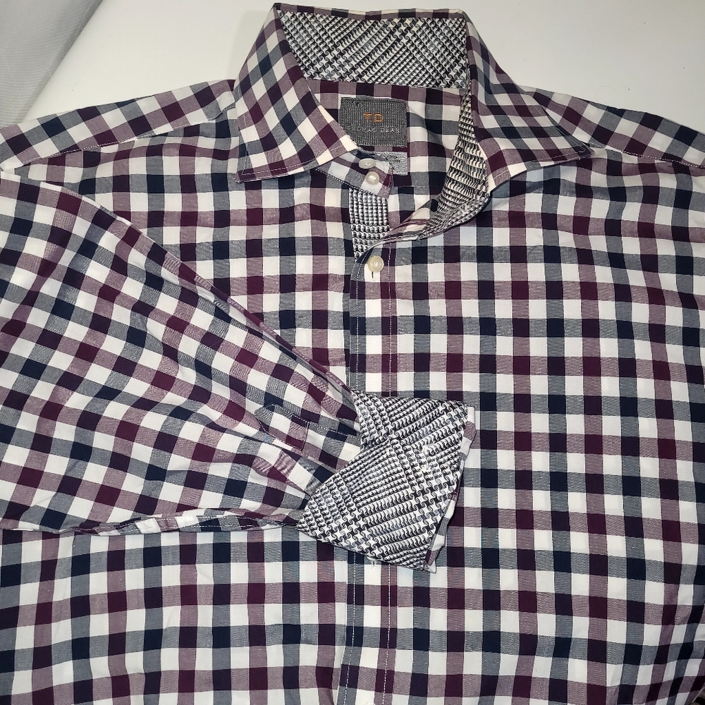 THOMAS DEAN XL Men's Burgandy/Navy/White Check/Plaid Long Sleeve Button Shirt